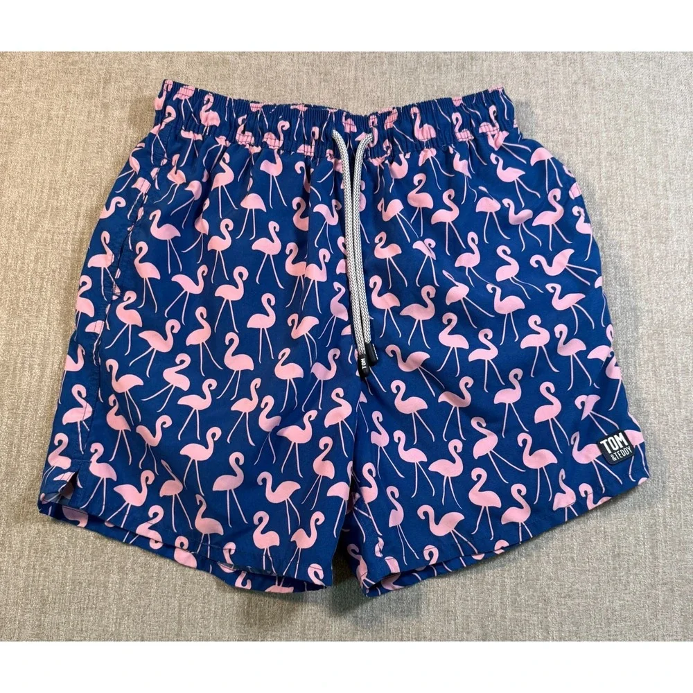 Tom & Teddy Men Swim Trunks Shorts w/Liner Sz M Blue Pink Flamingos 5.5
